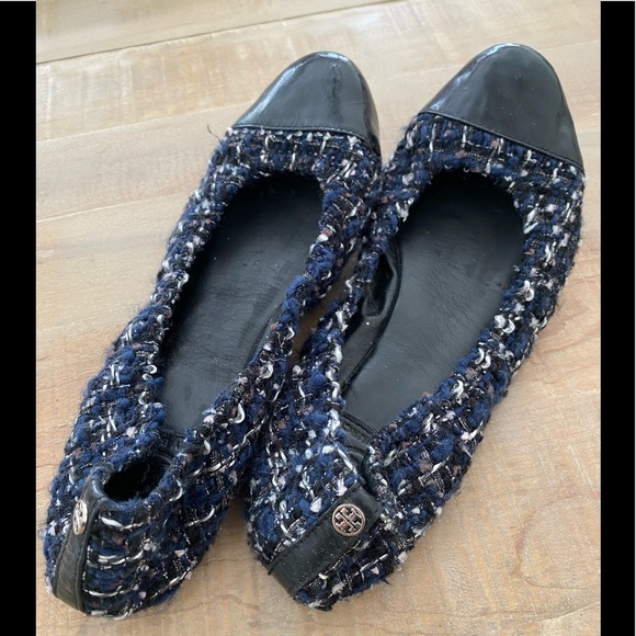 Tory Burch patterned ballet flats shoes tweed navy black - Picture 5 of 11